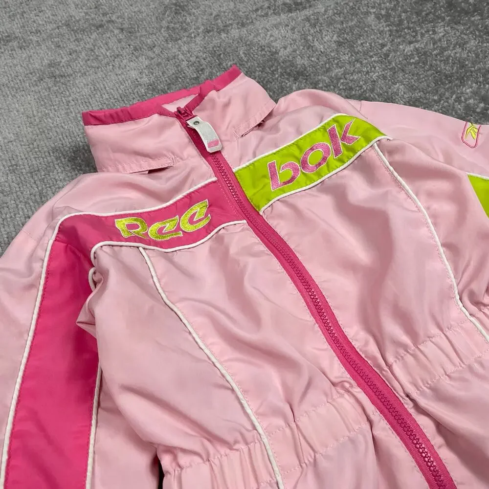 Reebok Toddler Girls Windbreaker Jacket 4T Pink Green Hooded Full Zip Retro y2k